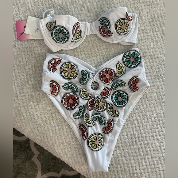 NWT Oceanus Women's White Cara Two-Piece Bikini Set beaded ($315) X-Small - Picture 5 of 8